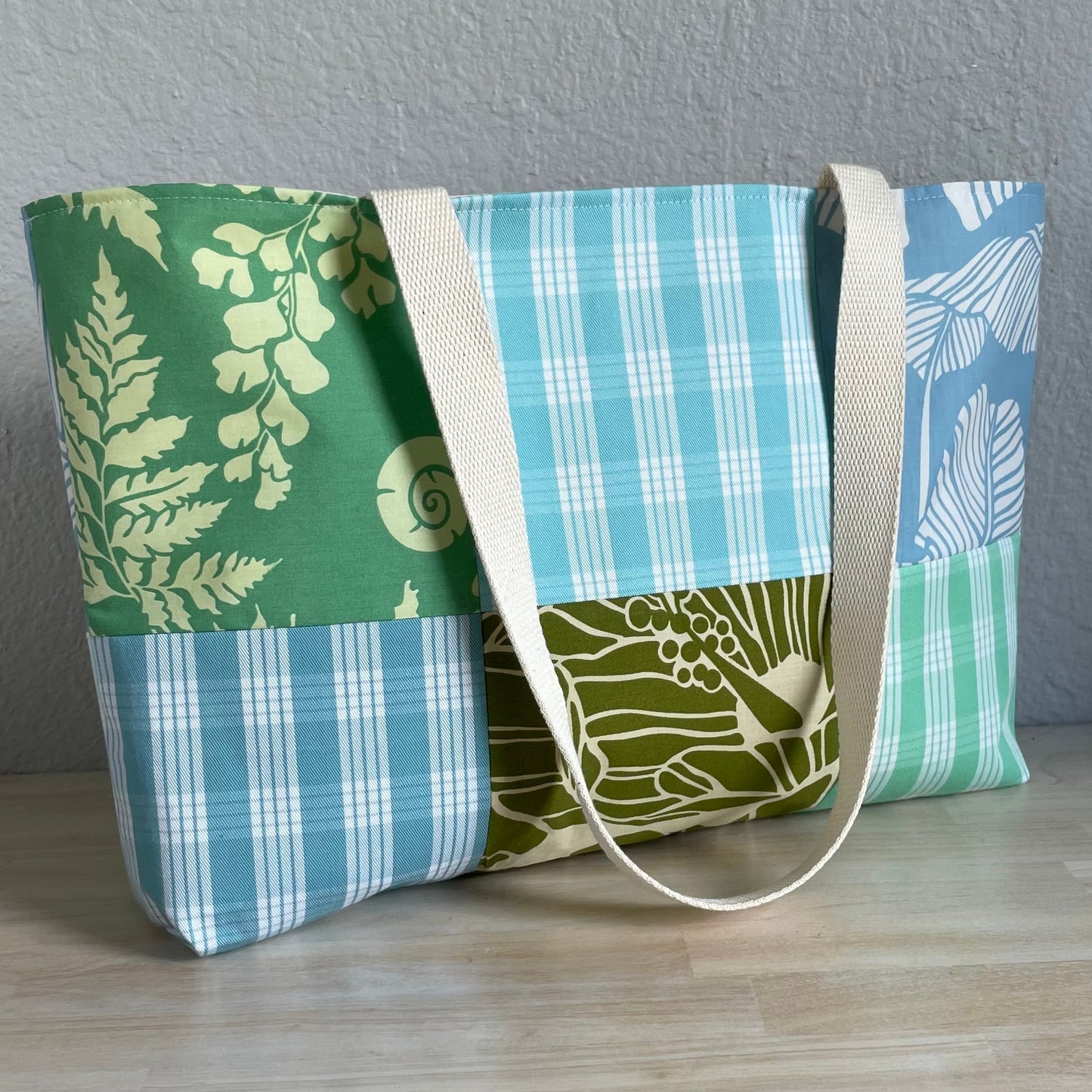 Medium Patchwork Palaka Tote Bag - Aqua & Green