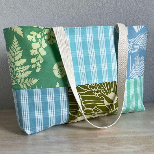 Medium Patchwork Palaka Tote Bag - Aqua & Green