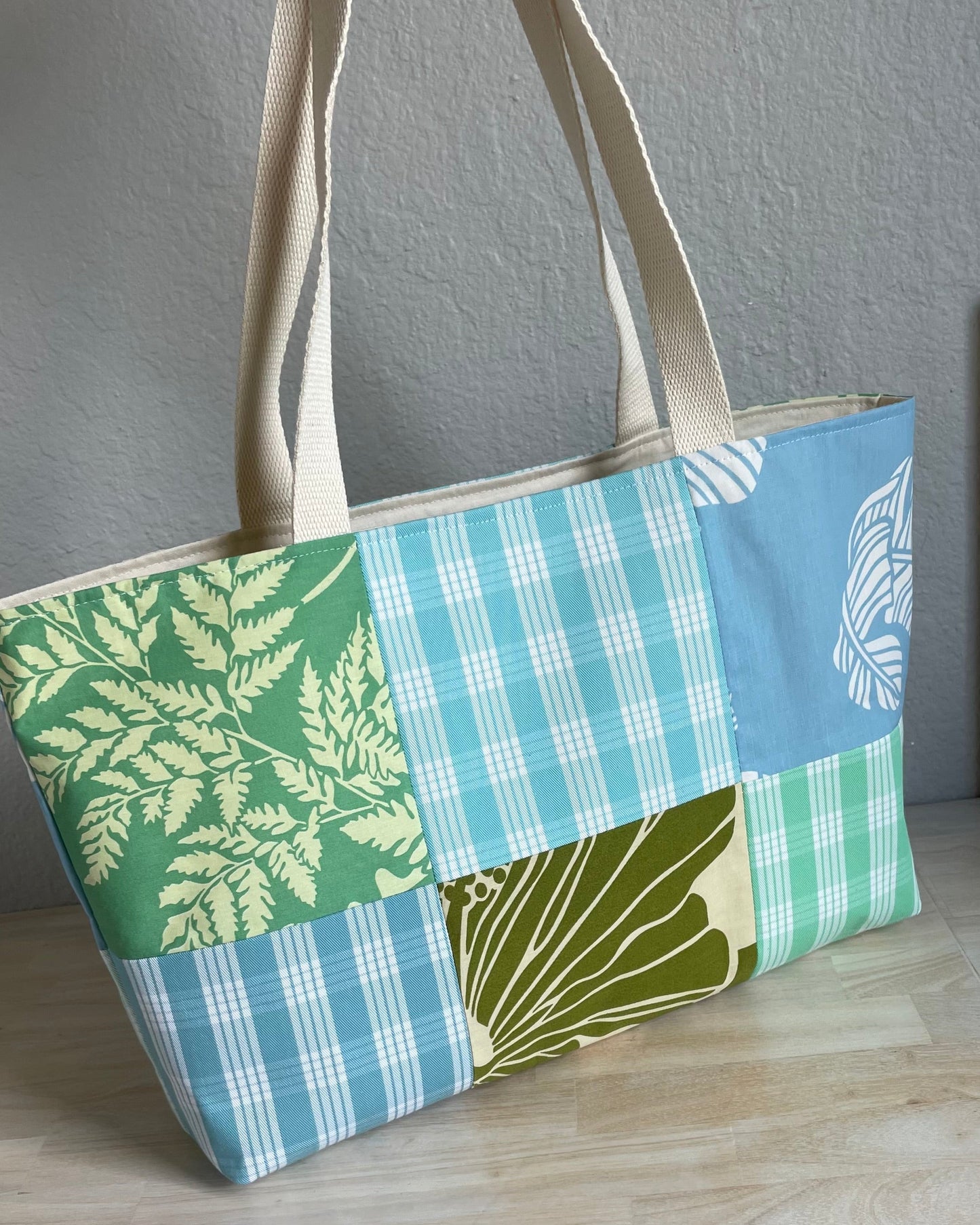 Medium Patchwork Palaka Tote Bag - Aqua & Green