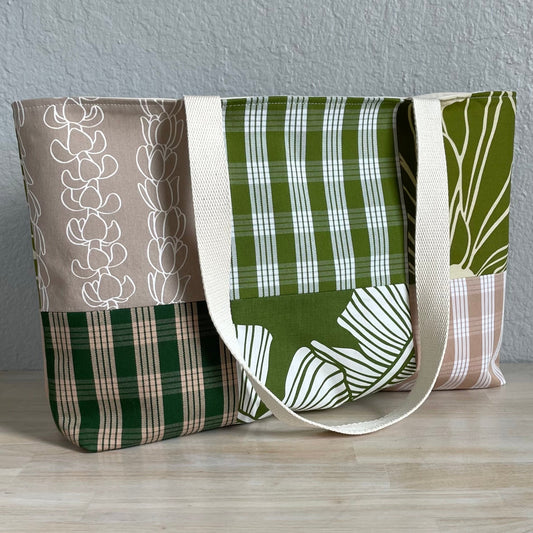 Medium Patchwork Palaka Tote Bag - Green & Beige