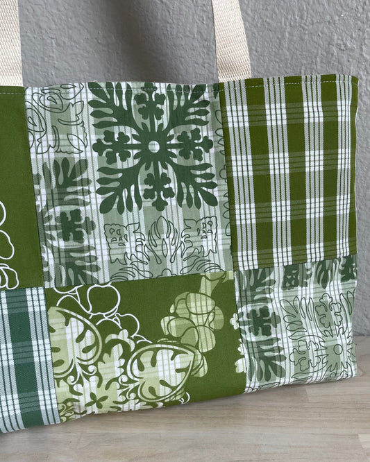 Medium Patchwork Palaka Tote Bag - Green Ulu
