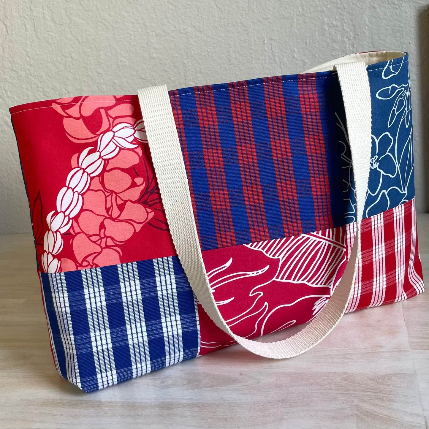 Medium Patchwork Palaka Tote Bag - Red & Blue