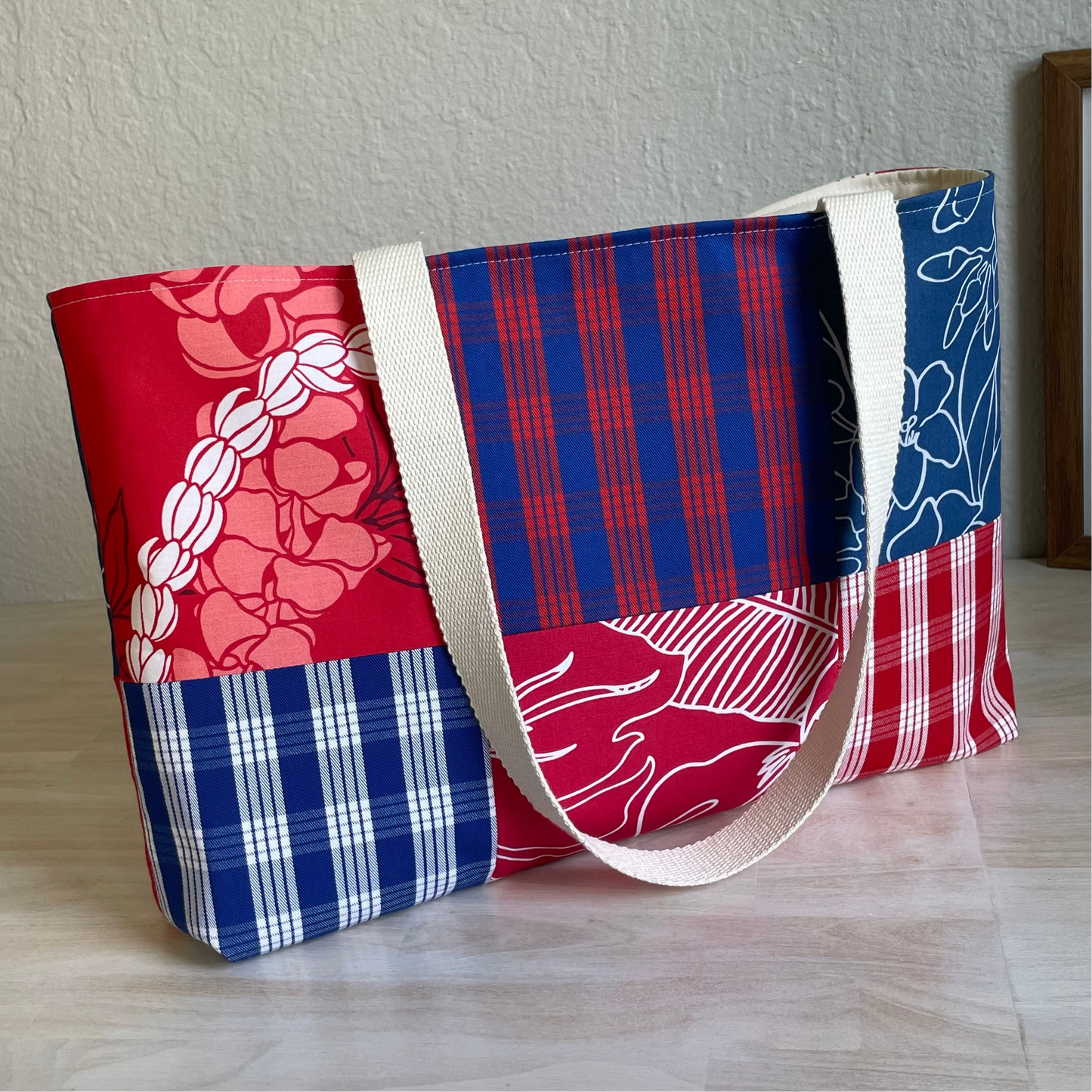 Medium Patchwork Palaka Tote Bag - Red & Blue