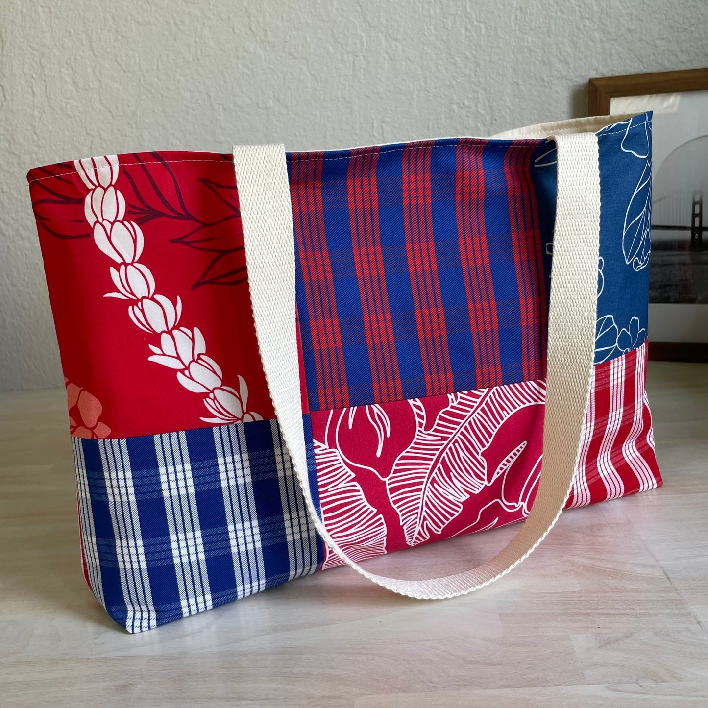 Medium Patchwork Palaka Tote Bag - Red & Blue