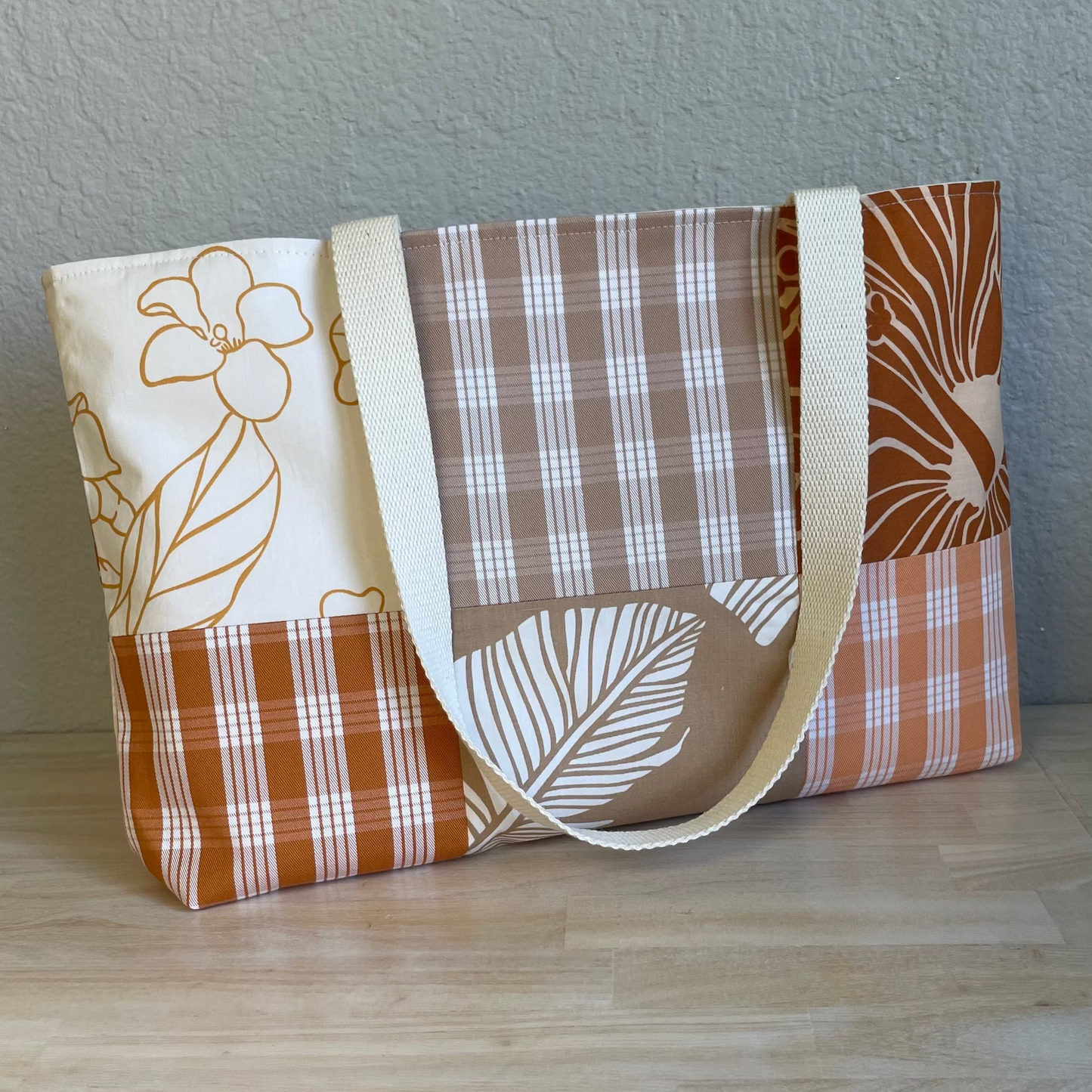 Medium Patchwork Palaka Tote Bag - Rust & Beige