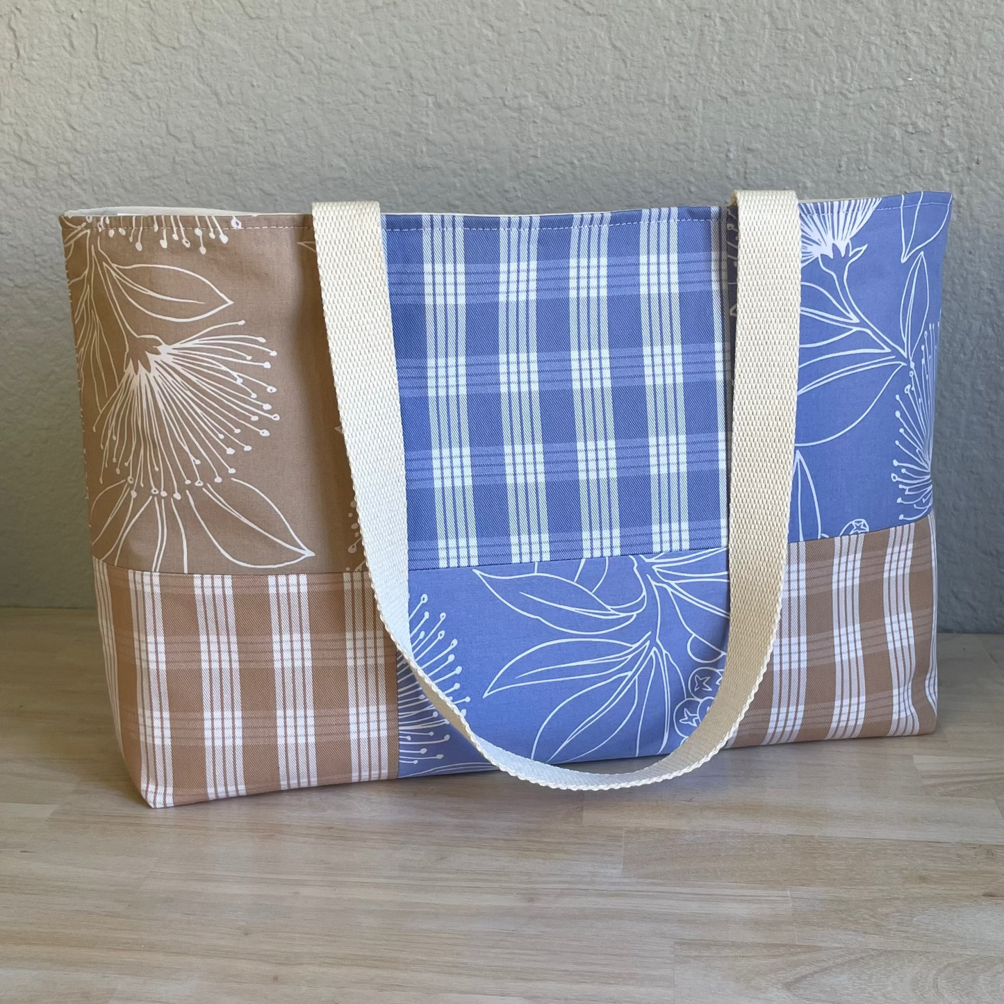 Medium Patchwork Palaka Tote Bag - Periwinkle & Beige
