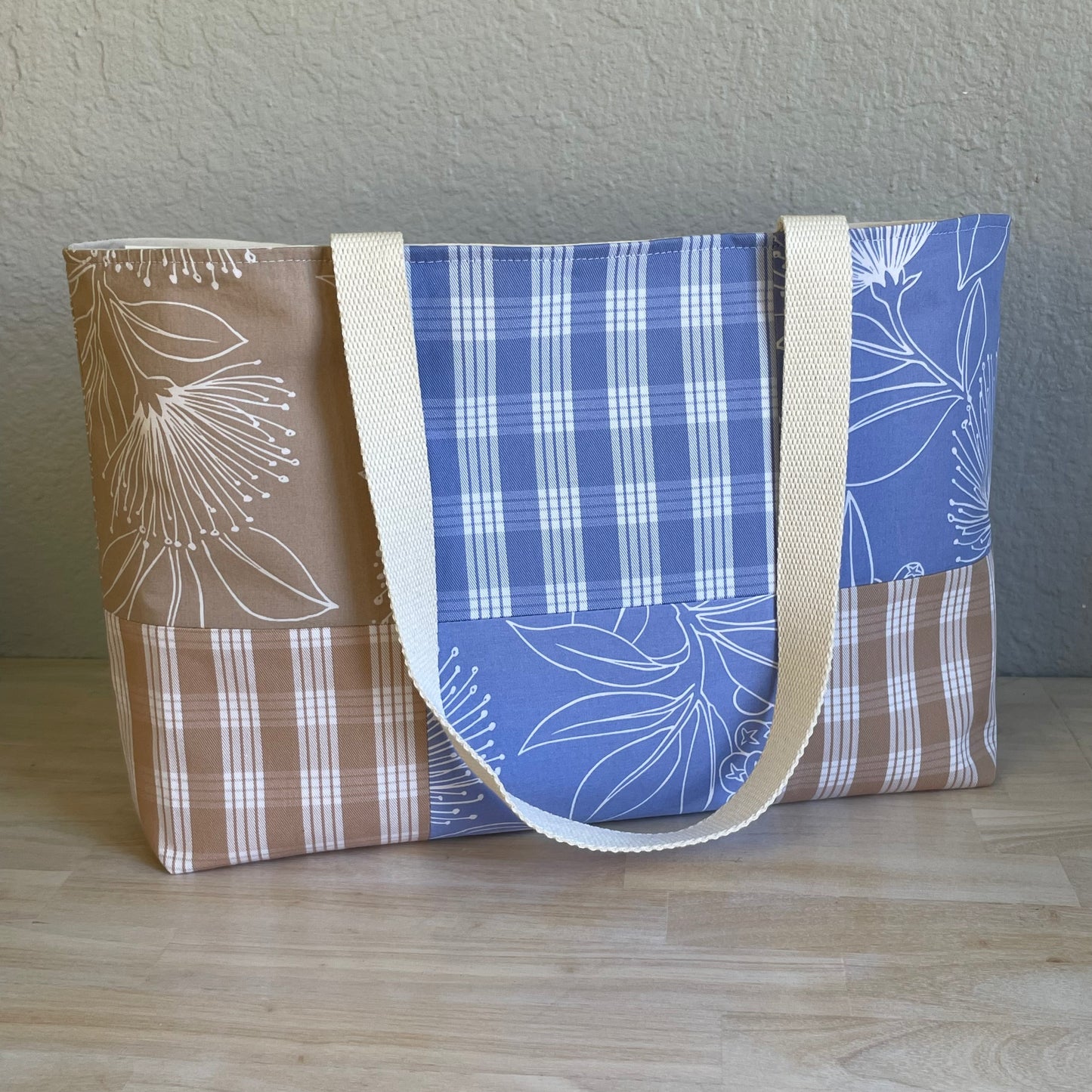Medium Patchwork Palaka Tote Bag - Periwinkle & Beige