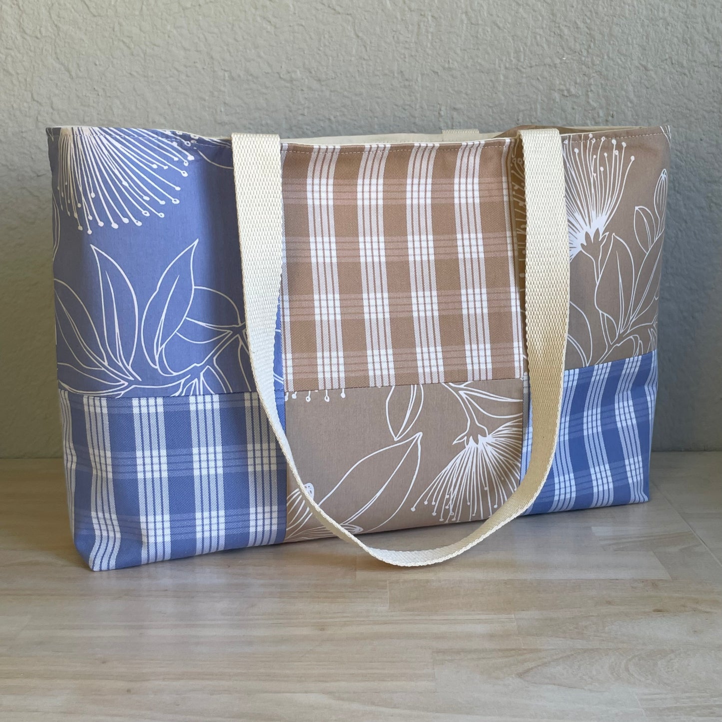 Medium Patchwork Palaka Tote Bag - Periwinkle & Beige
