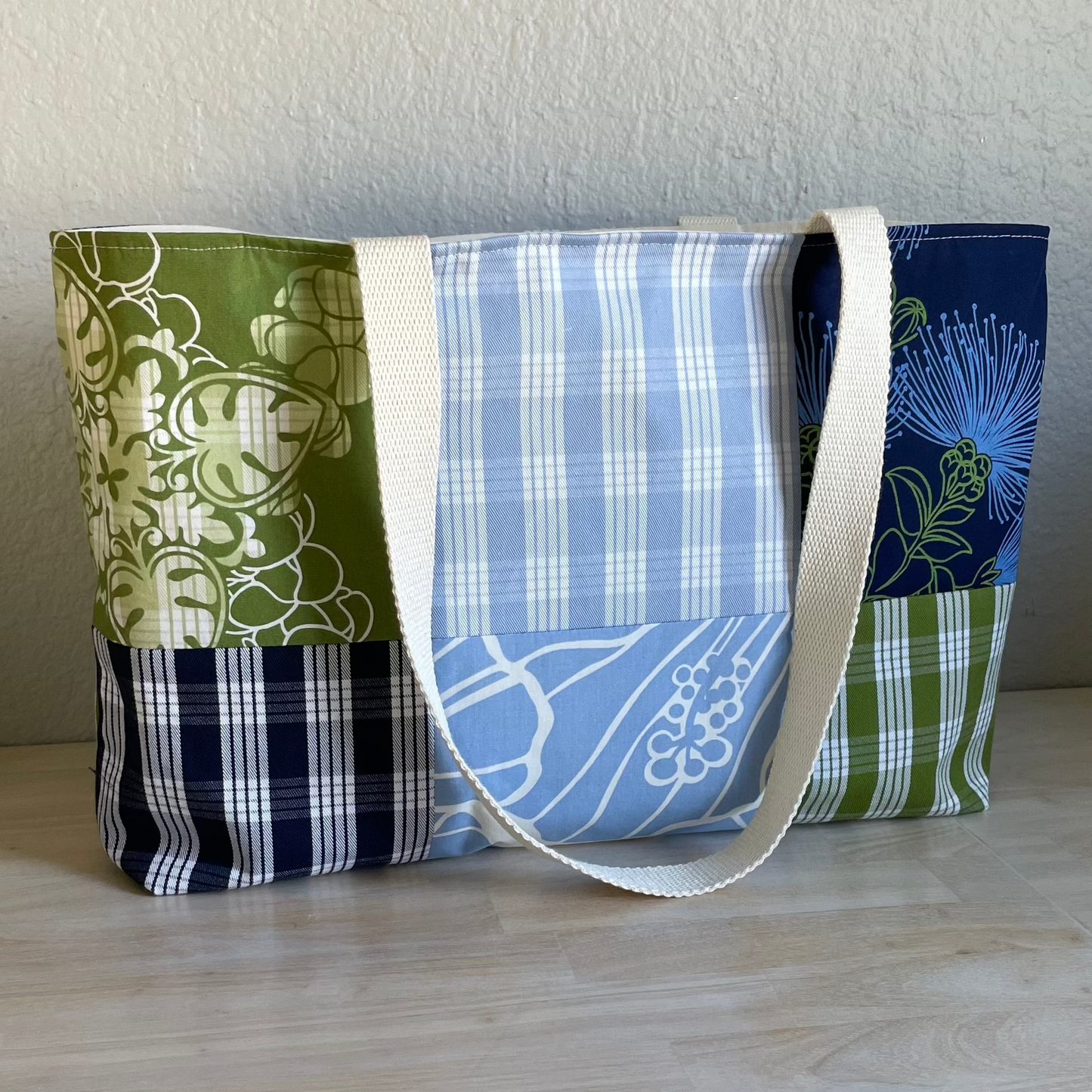 Medium Patchwork Palaka Tote Bag - Blue & Green