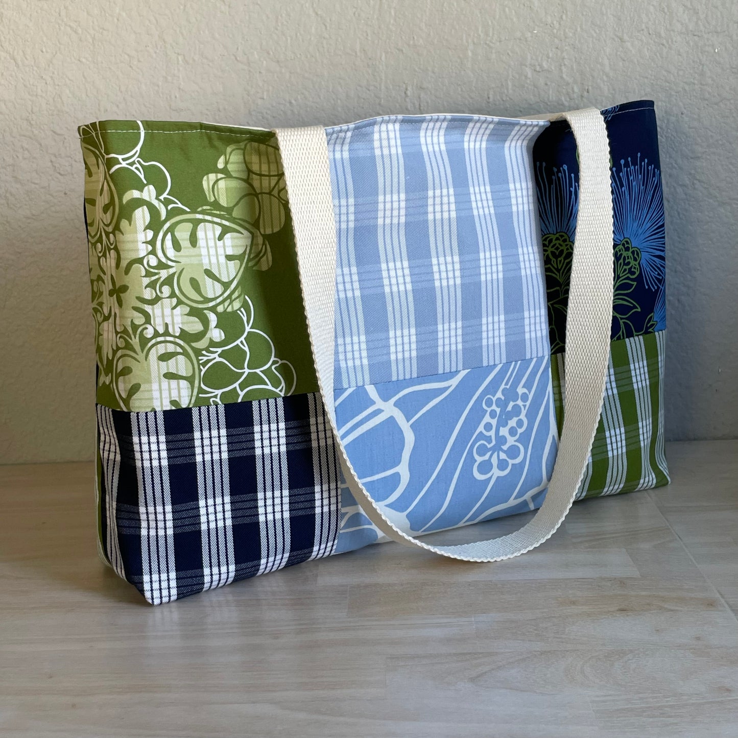 Medium Patchwork Palaka Tote Bag - Blue & Green