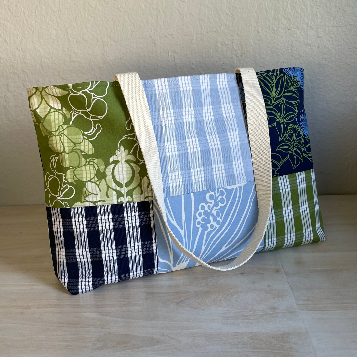Medium Patchwork Palaka Tote Bag - Blue & Green