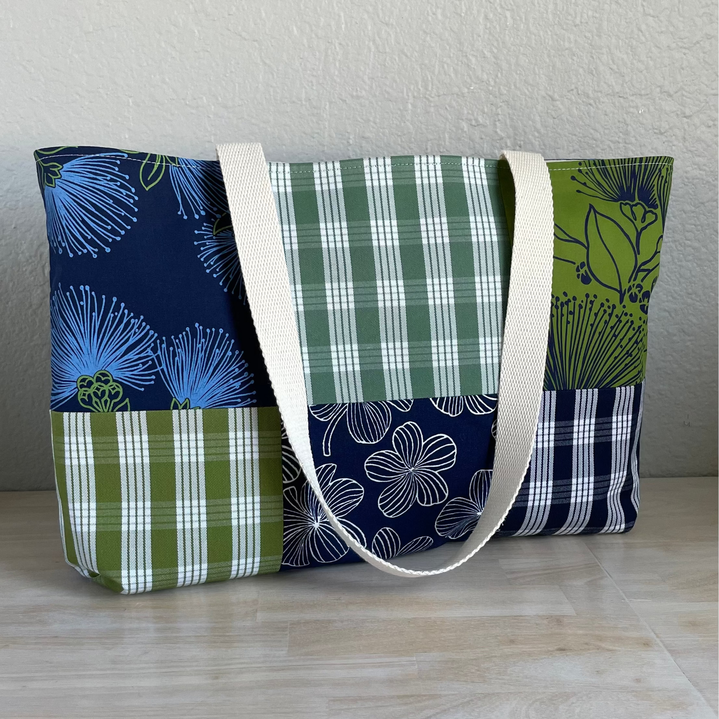 Medium Patchwork Palaka Tote  - Avocado & Navy