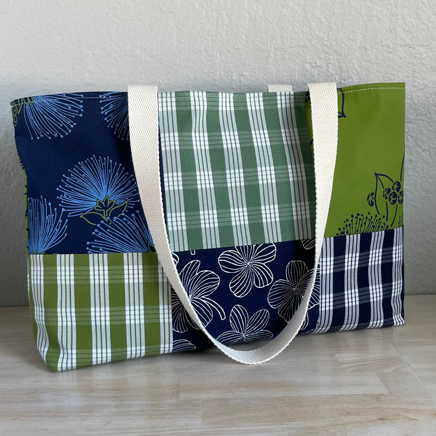 Medium Patchwork Palaka Tote  - Avocado & Navy