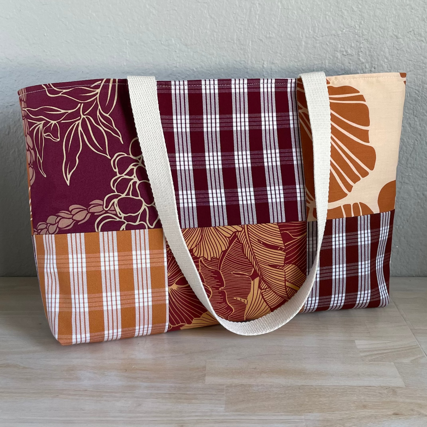 Medium Patchwork Palaka Tote  - Rust & Burgundy