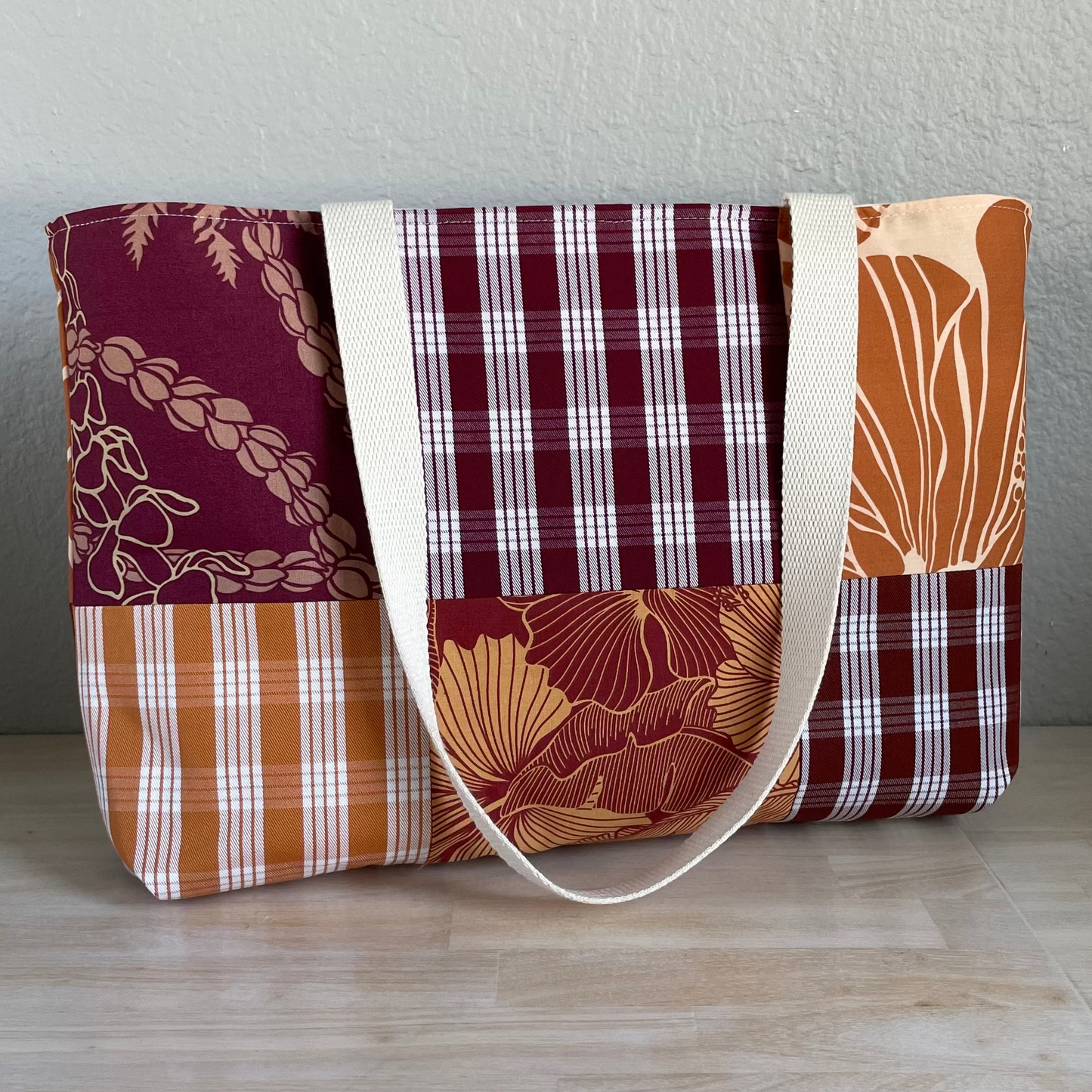 Medium Patchwork Palaka Tote  - Rust & Burgundy