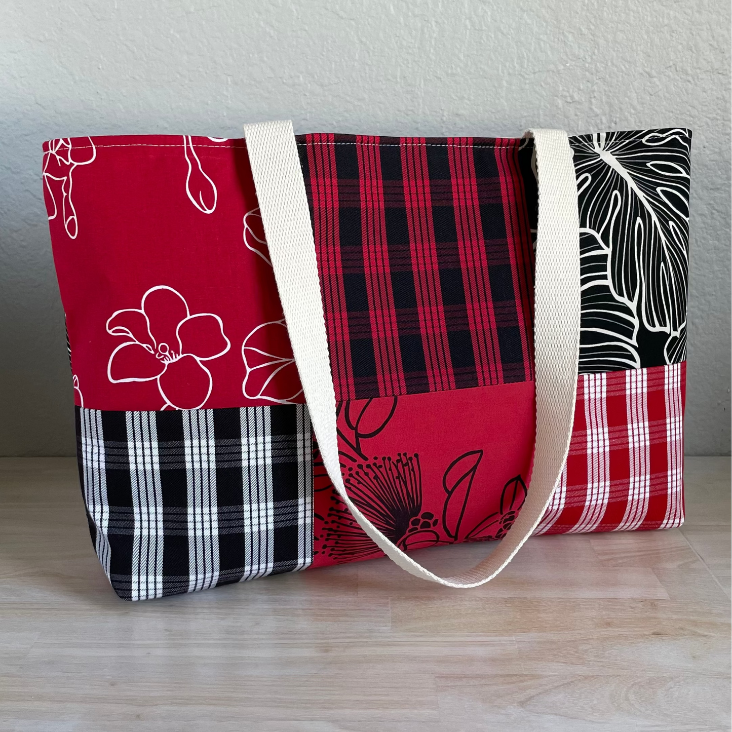Medium Patchwork Palaka Tote  - Red & Black