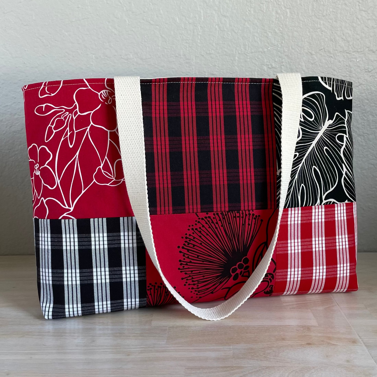 Medium Patchwork Palaka Tote  - Red & Black