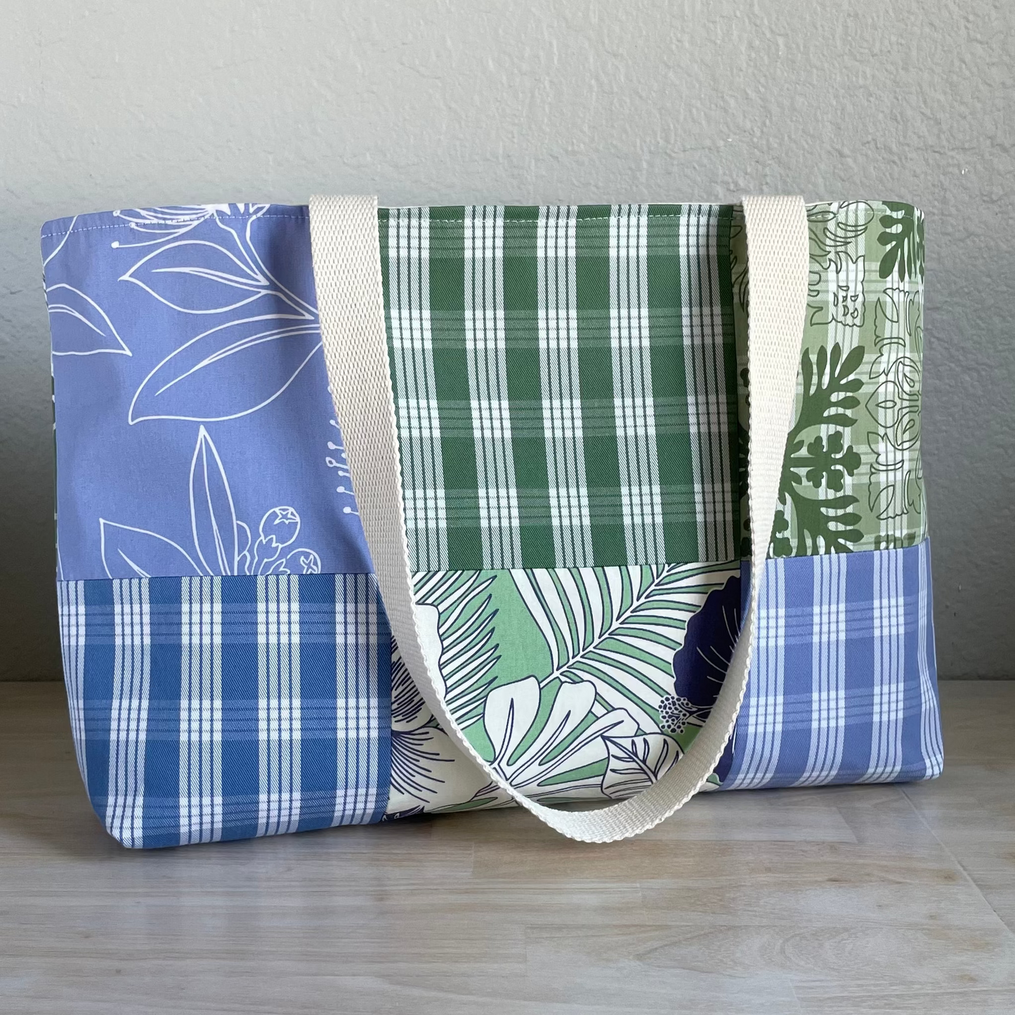Medium Patchwork Palaka Tote  - Moss & Periwinkle