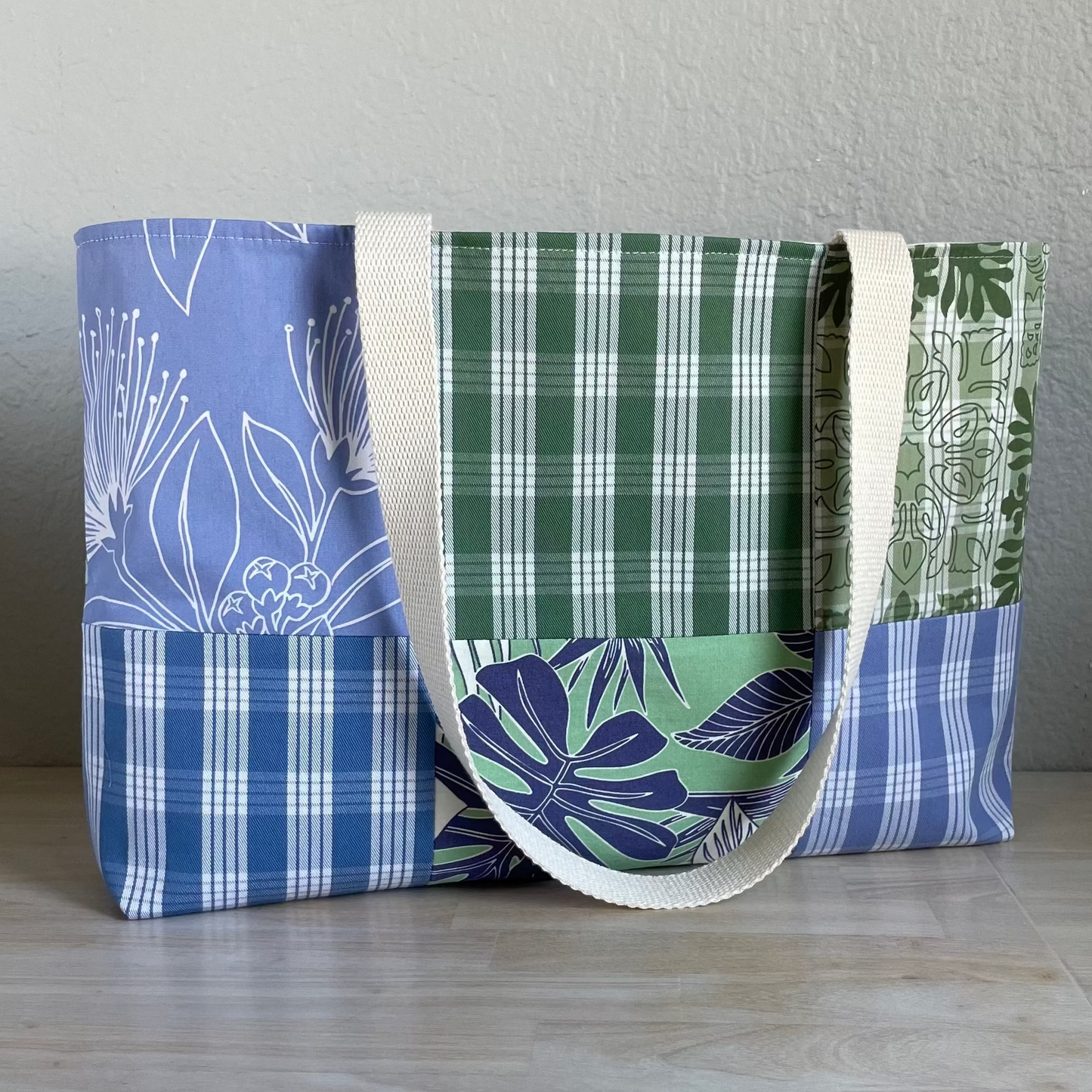 Medium Patchwork Palaka Tote  - Moss & Periwinkle