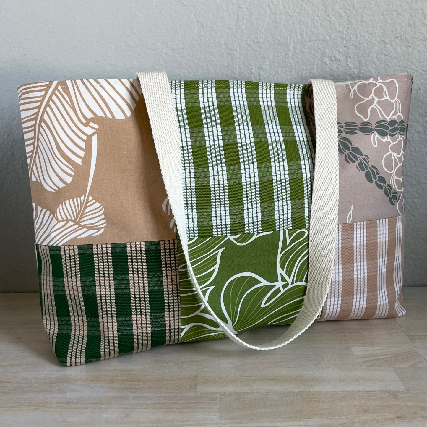 Medium Patchwork Palaka Tote  - Moss & Beige