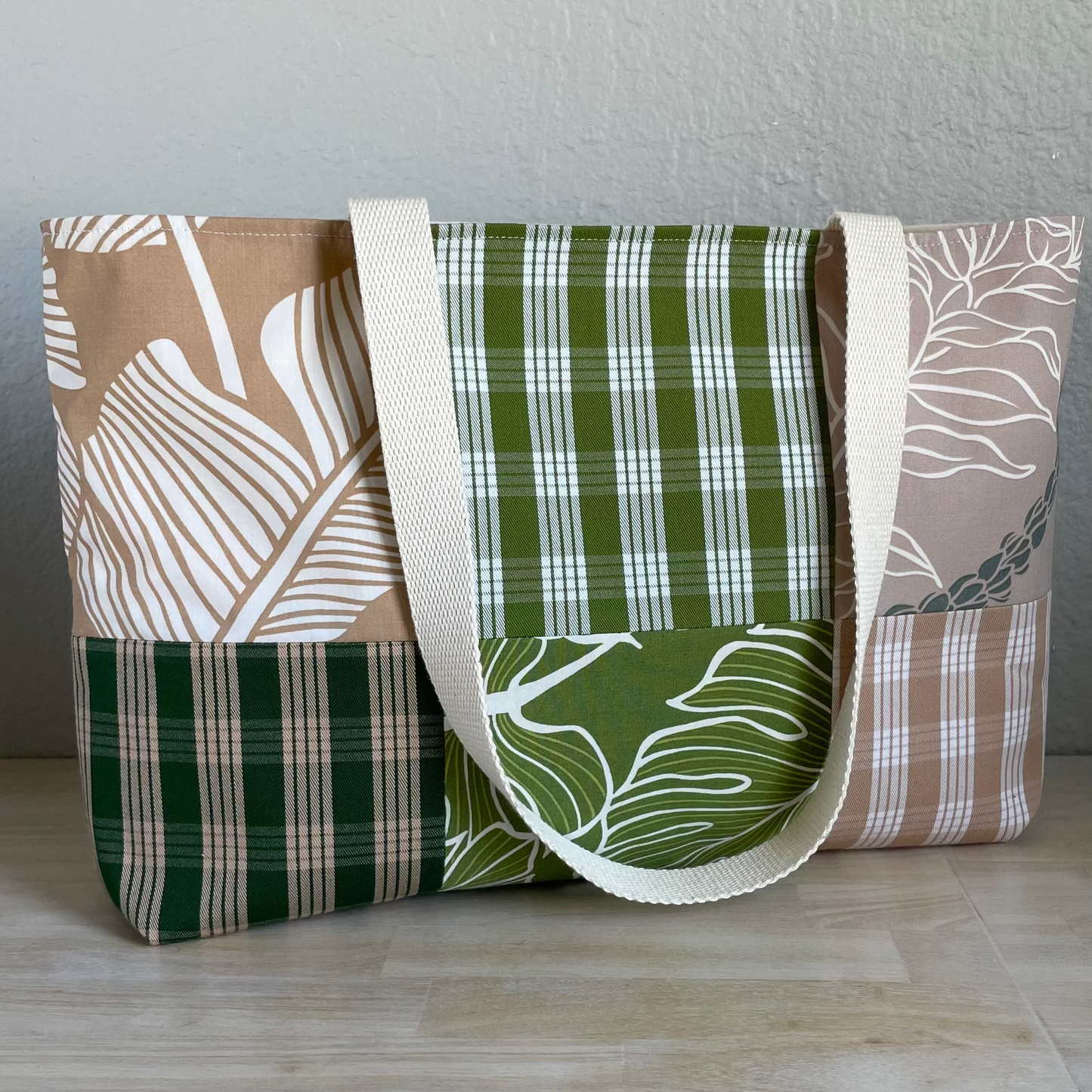 Medium Patchwork Palaka Tote  - Moss & Beige