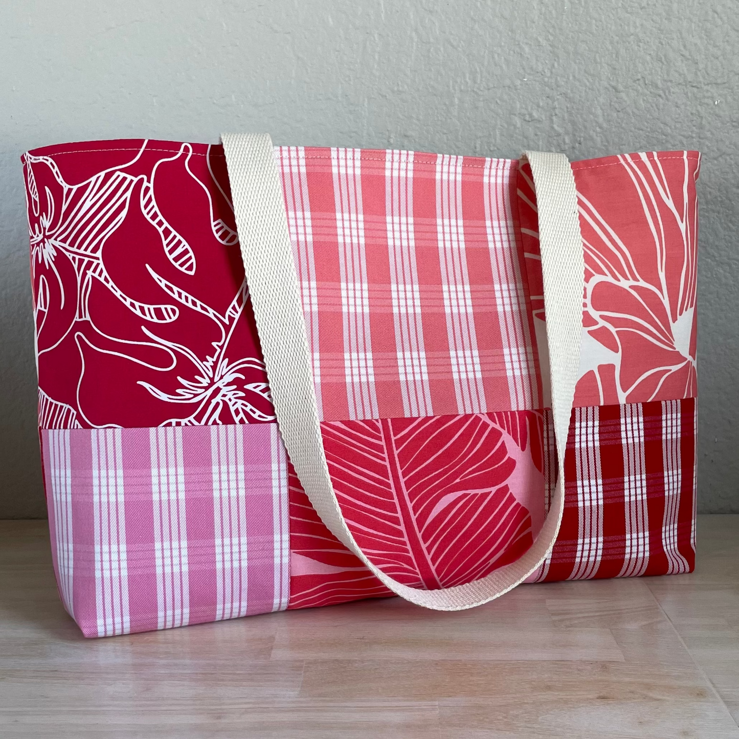 Medium Patchwork Palaka Tote  - Red & Guava