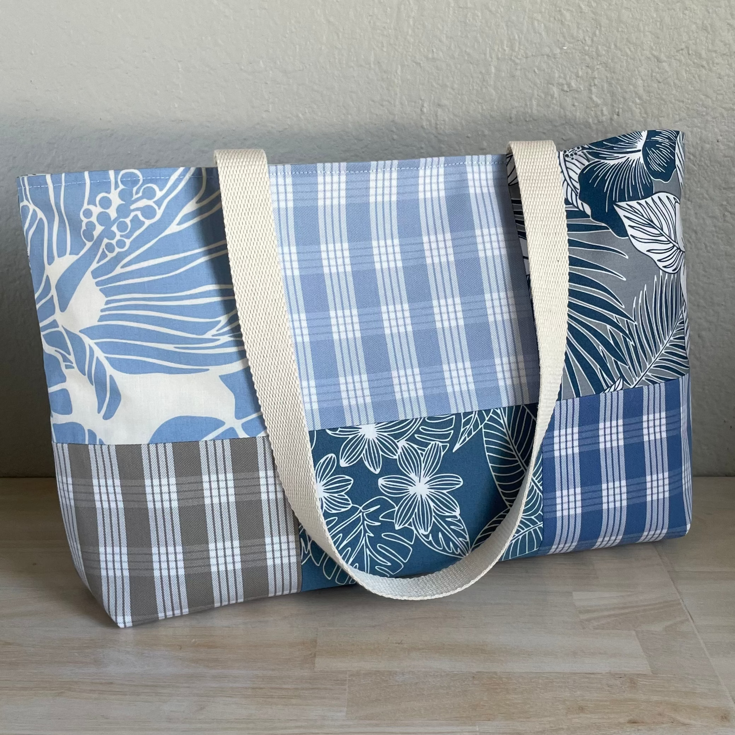 Medium Patchwork Palaka Tote  - Blue & Gray