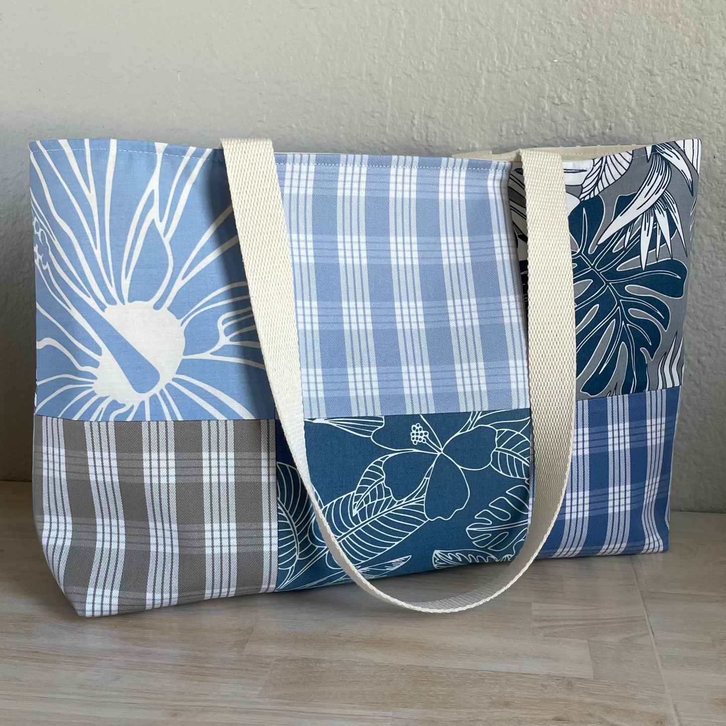 Medium Patchwork Palaka Tote  - Blue & Gray