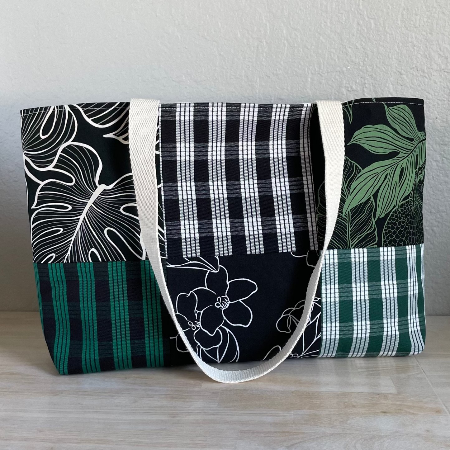 Medium Patchwork Palaka Tote  - Black & Green