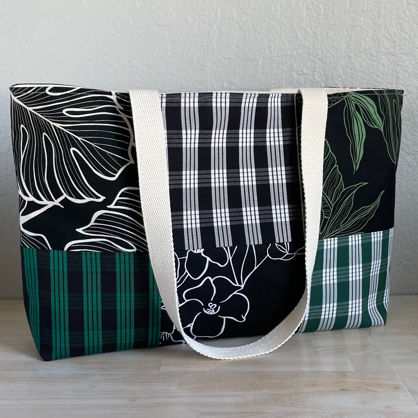 Medium Patchwork Palaka Tote  - Black & Green