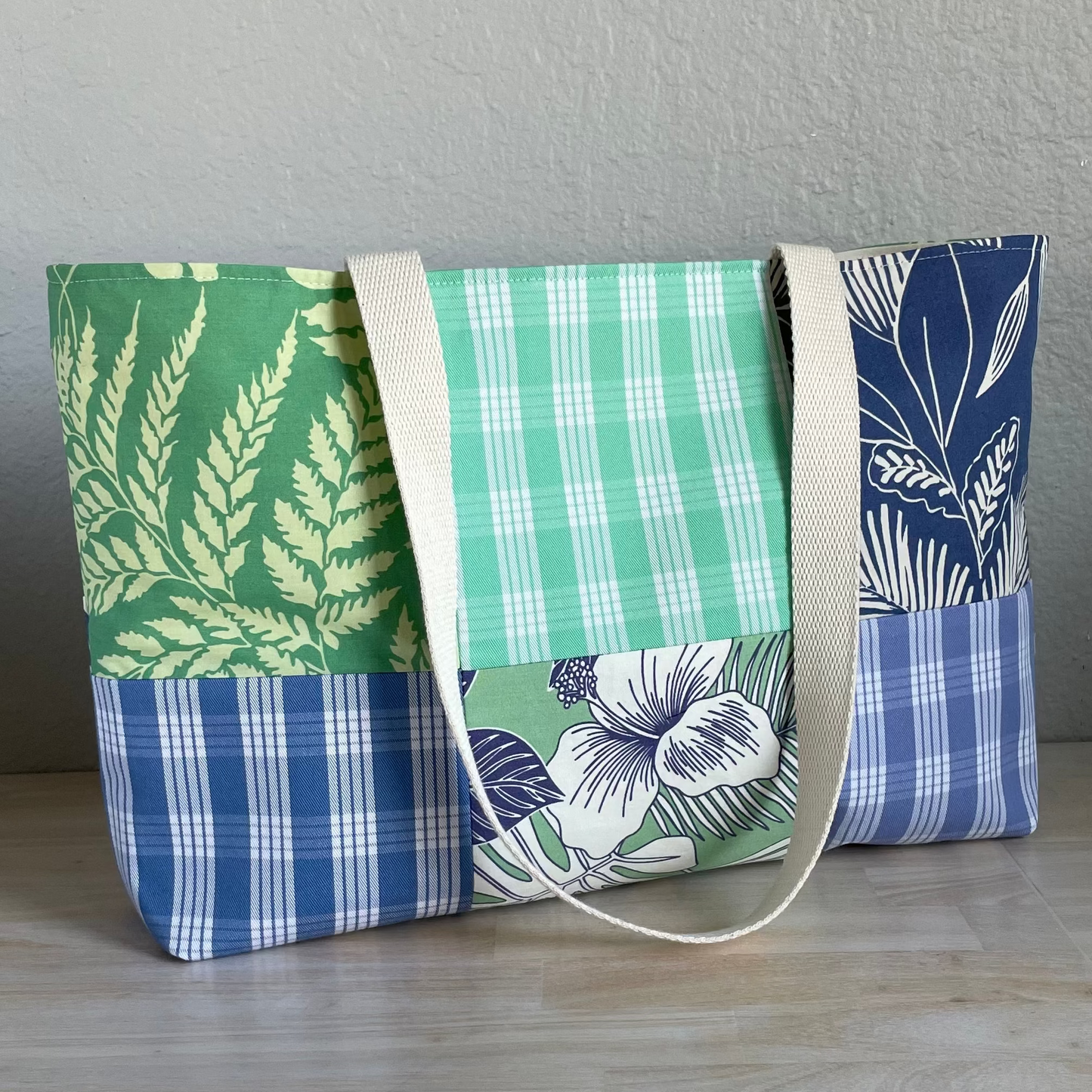 Medium Patchwork Palaka Tote  - Mint & Chambray