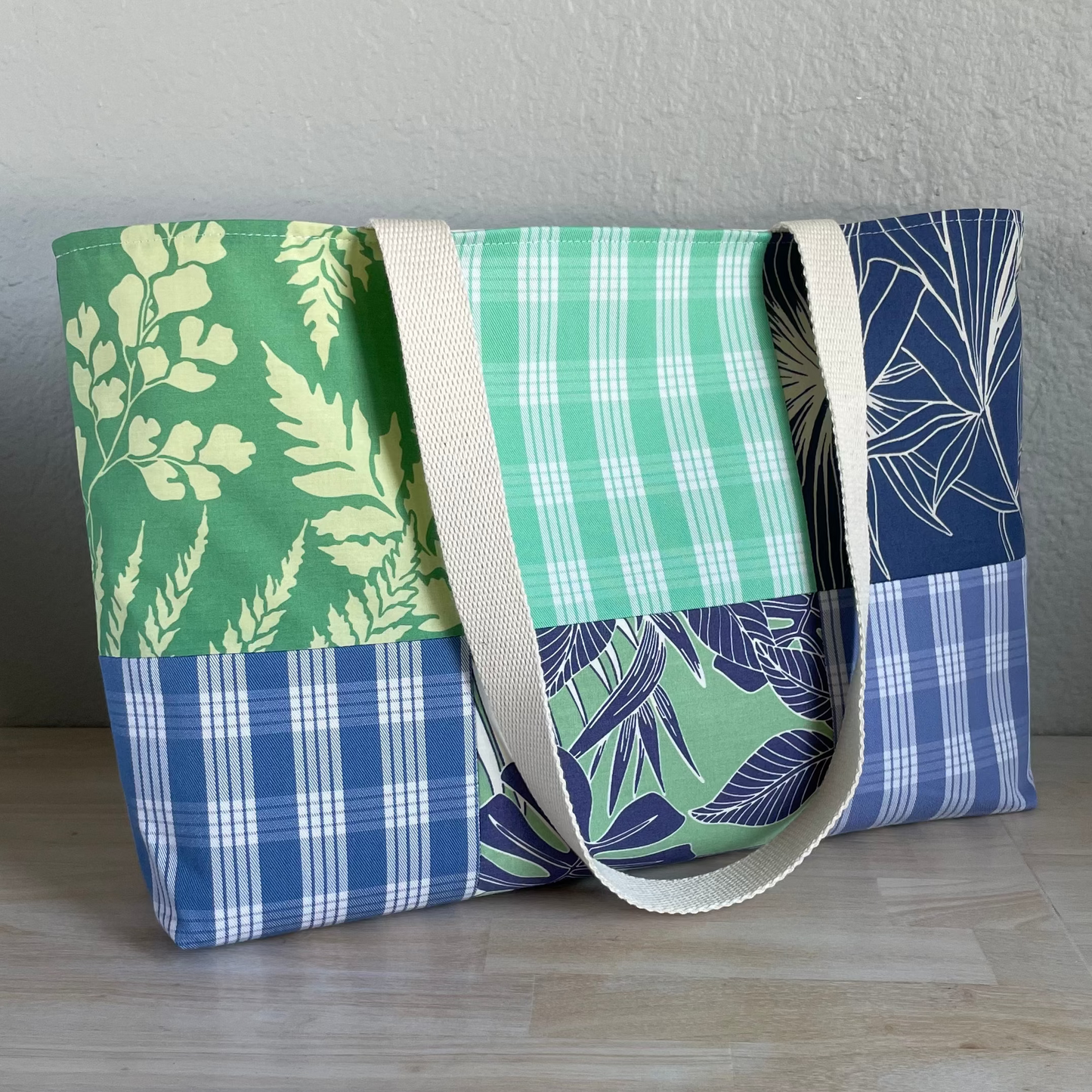 Medium Patchwork Palaka Tote  - Mint & Chambray