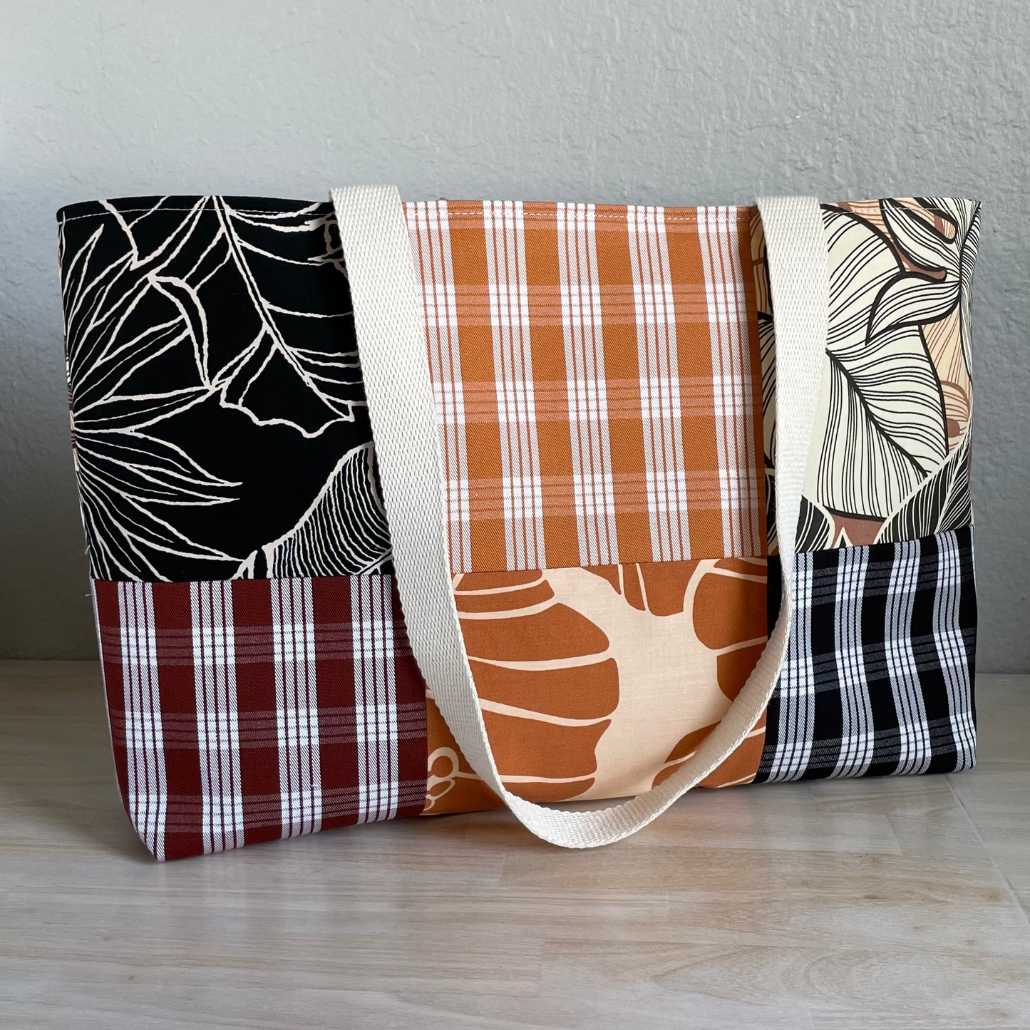 Medium Patchwork Palaka Tote  - Rust & Black
