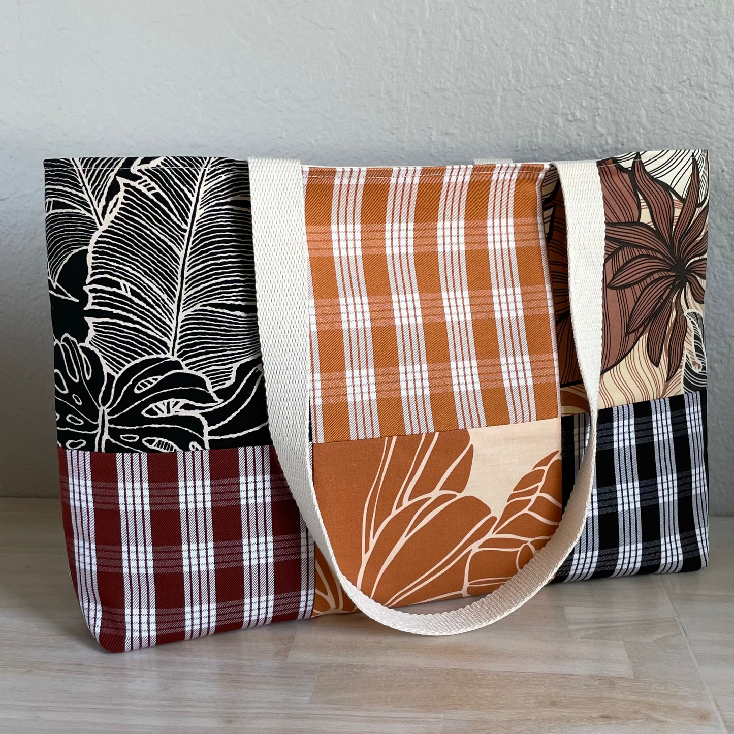 Medium Patchwork Palaka Tote  - Rust & Black
