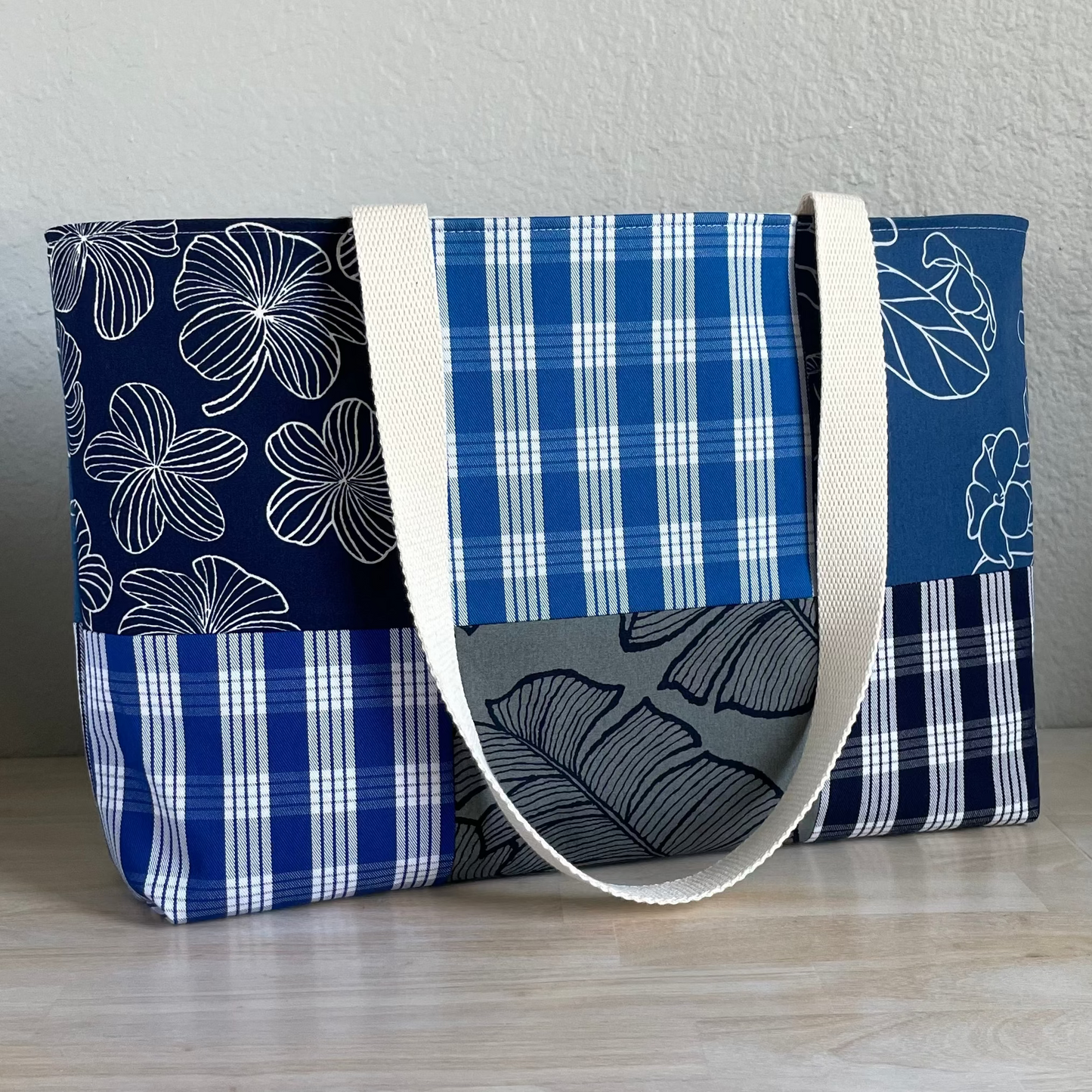Medium Patchwork Palaka Tote  - Blue & Navy