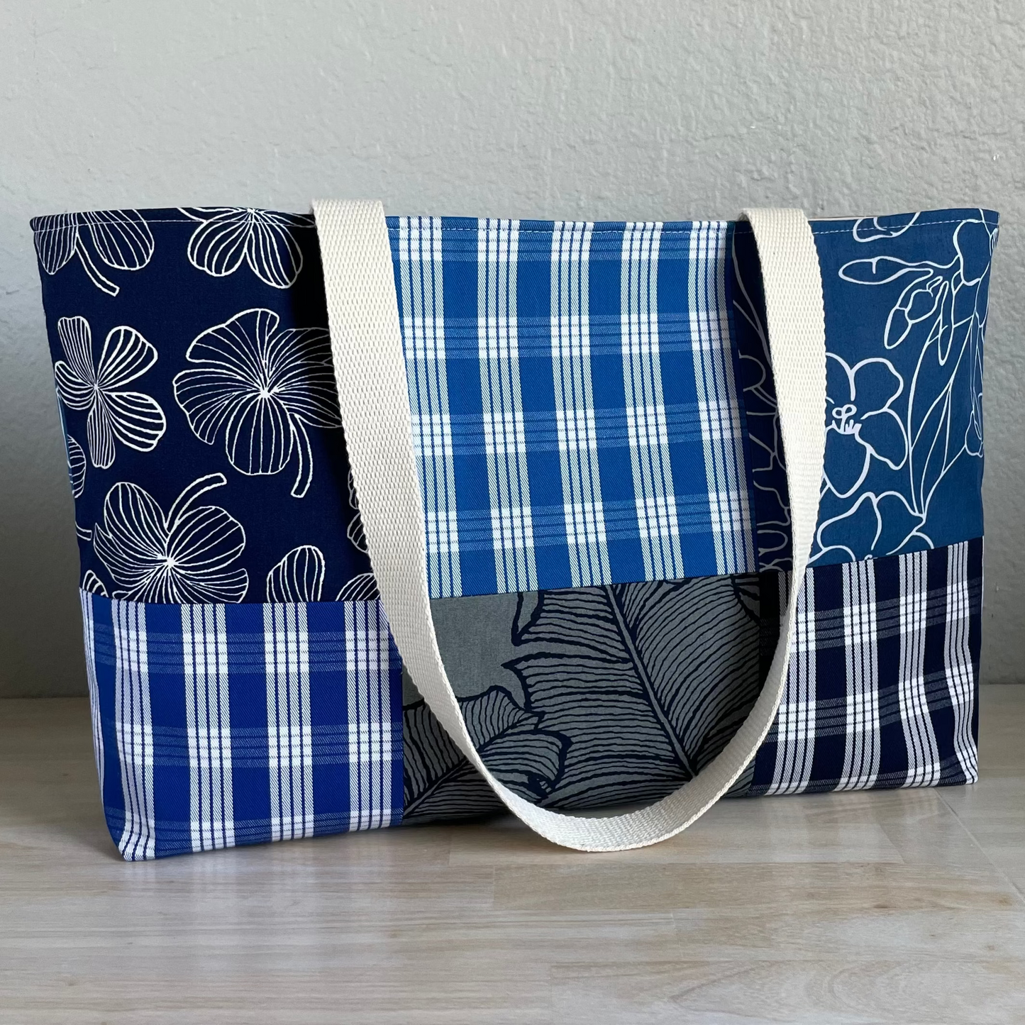 Medium Patchwork Palaka Tote  - Blue & Navy